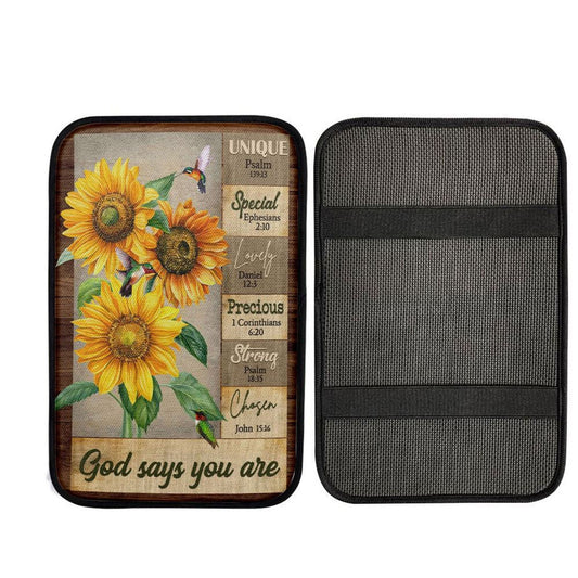 God Says You Are Hummingbird Sunflower Christian Car Center Console Cover, Christ Car Interior Accessories