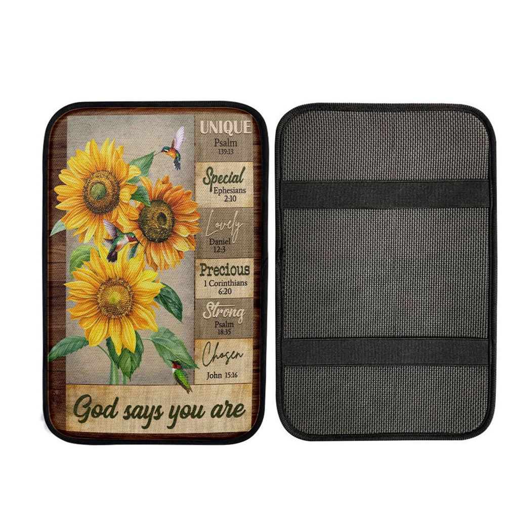 God Says You Are Hummingbird Sunflower Christian Car Center Console Cover, Christian Car Accessories