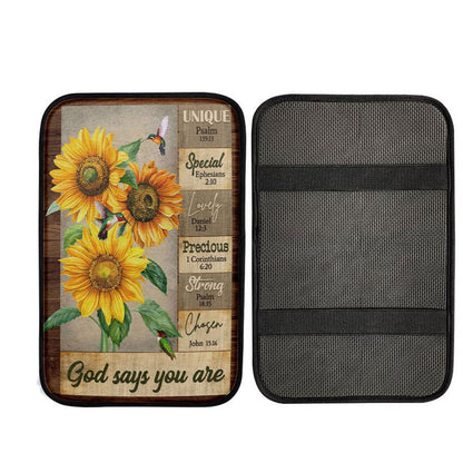 God Says You Are Hummingbird Sunflower Christian Car Center Console Cover, Christian Car Accessories
