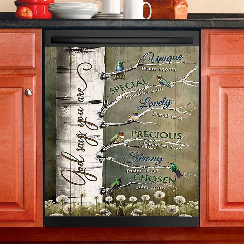 God Says You Are Hummingbird Sunflower Christian Dishwasher Cover, Bible Verse Dishwasher Stickers, Scripture Kitchen Decor