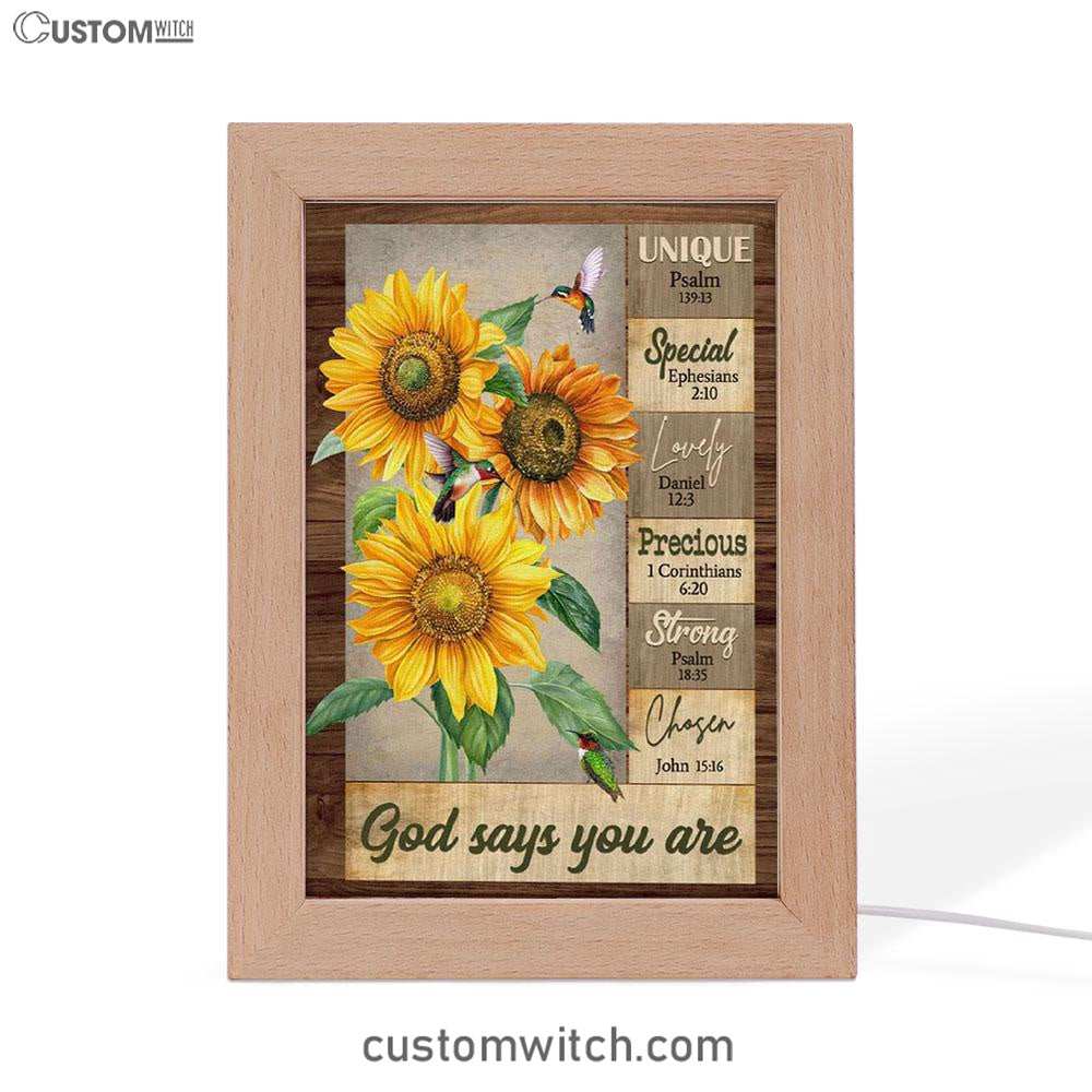 God Says You Are Hummingbird Sunflower Christian Night Light - Bible Verse Decor - Scripture Art