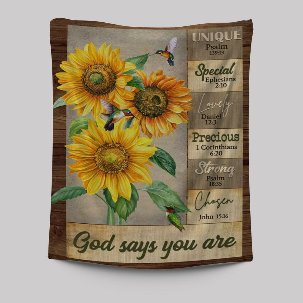 God Says You Are Hummingbird Sunflower Christian Tapestries Prints - Bible Verse Wall Decor - Scripture Wall Art