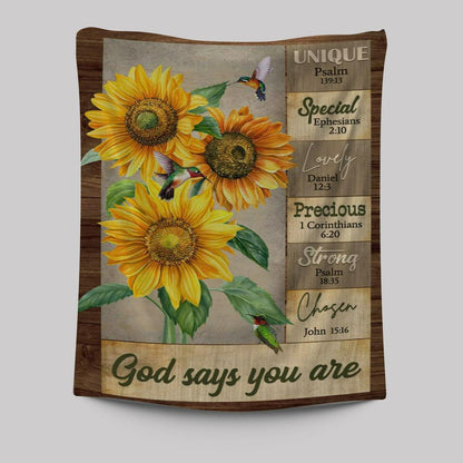 God Says You Are Hummingbird Sunflower Christian Tapestries Prints - Bible Verse Wall Decor - Scripture Wall Art