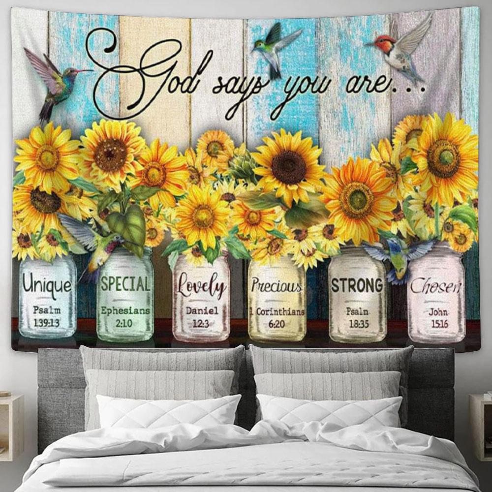God Says You Are Hummingbird Sunflower Christian Tapestry Wall Art - Christian Wall Decor