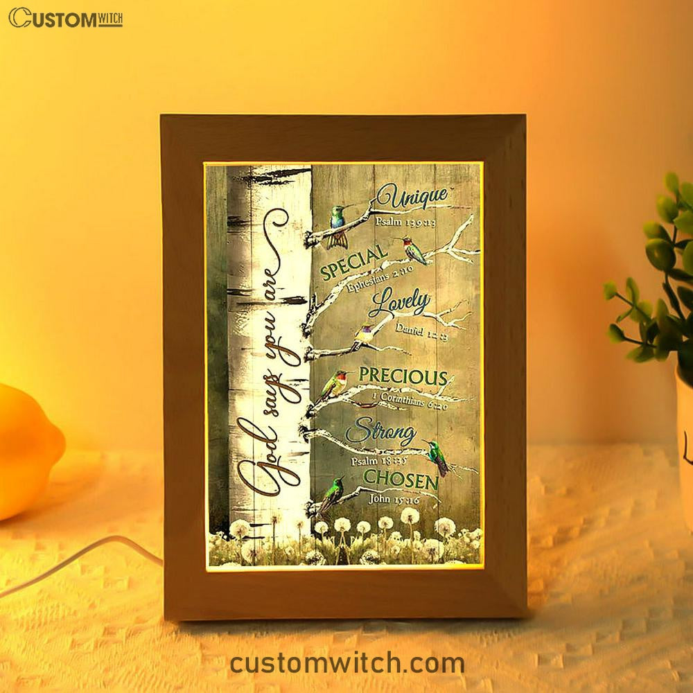 God Says You Are Hummingbirds Dandelion Frame Lamp Art - Bible Verse Wooden Lamp - Inspirational Art - Christian Home Decor