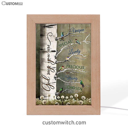 God Says You Are Hummingbirds Dandelion Frame Lamp Art - Bible Verse Wooden Lamp - Inspirational Art - Christian Home Decor