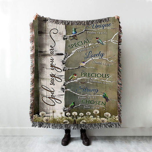 God Says You Are Hummingbirds Dandelion Woven Throw Blanket - Bible Verse Woven Blanket Art - Inspirational Art - Christian Home Decor