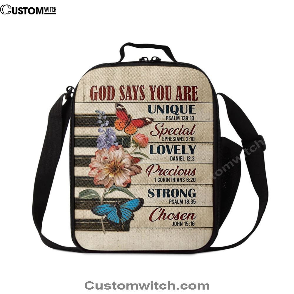 God Says You Are Piano Keys Gorgeous Butterfly Bible Verse Flowers Lunch Bag, Christian Lunch Bag, Religious Lunch Box For School, Picnic