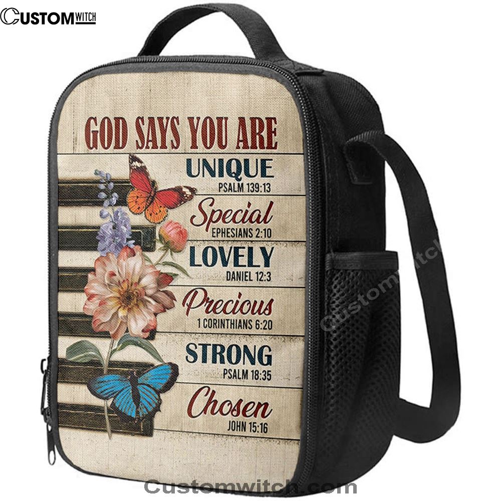 God Says You Are Piano Keys Gorgeous Butterfly Bible Verse Flowers Lunch Bag, Christian Lunch Bag, Religious Lunch Box For School, Picnic
