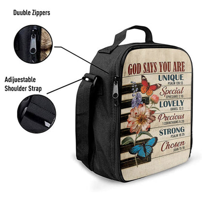 God Says You Are Piano Keys Gorgeous Butterfly Bible Verse Flowers Lunch Bag, Christian Lunch Bag, Religious Lunch Box For School, Picnic