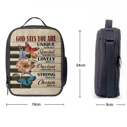 God Says You Are Piano Keys Gorgeous Butterfly Bible Verse Flowers Lunch Bag, Christian Lunch Bag, Religious Lunch Box For School, Picnic