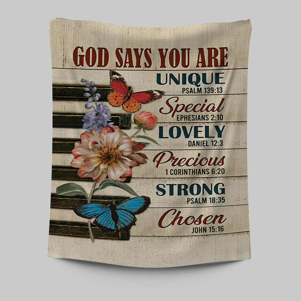 God Says You Are Piano Keys Gorgeous Butterfly Bible Verse Flowers Tapestry Wall Art - Christian Tapestries Prints