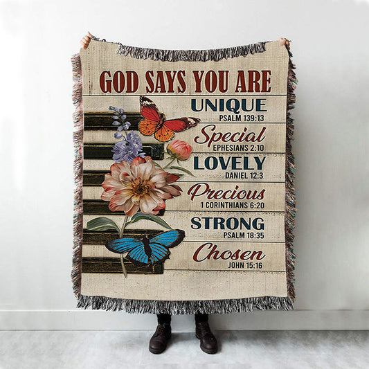 God Says You Are Piano Keys Gorgeous Butterfly Bible Verse Flowers Woven Throw Blanket - Christian Woven Blanket Prints
