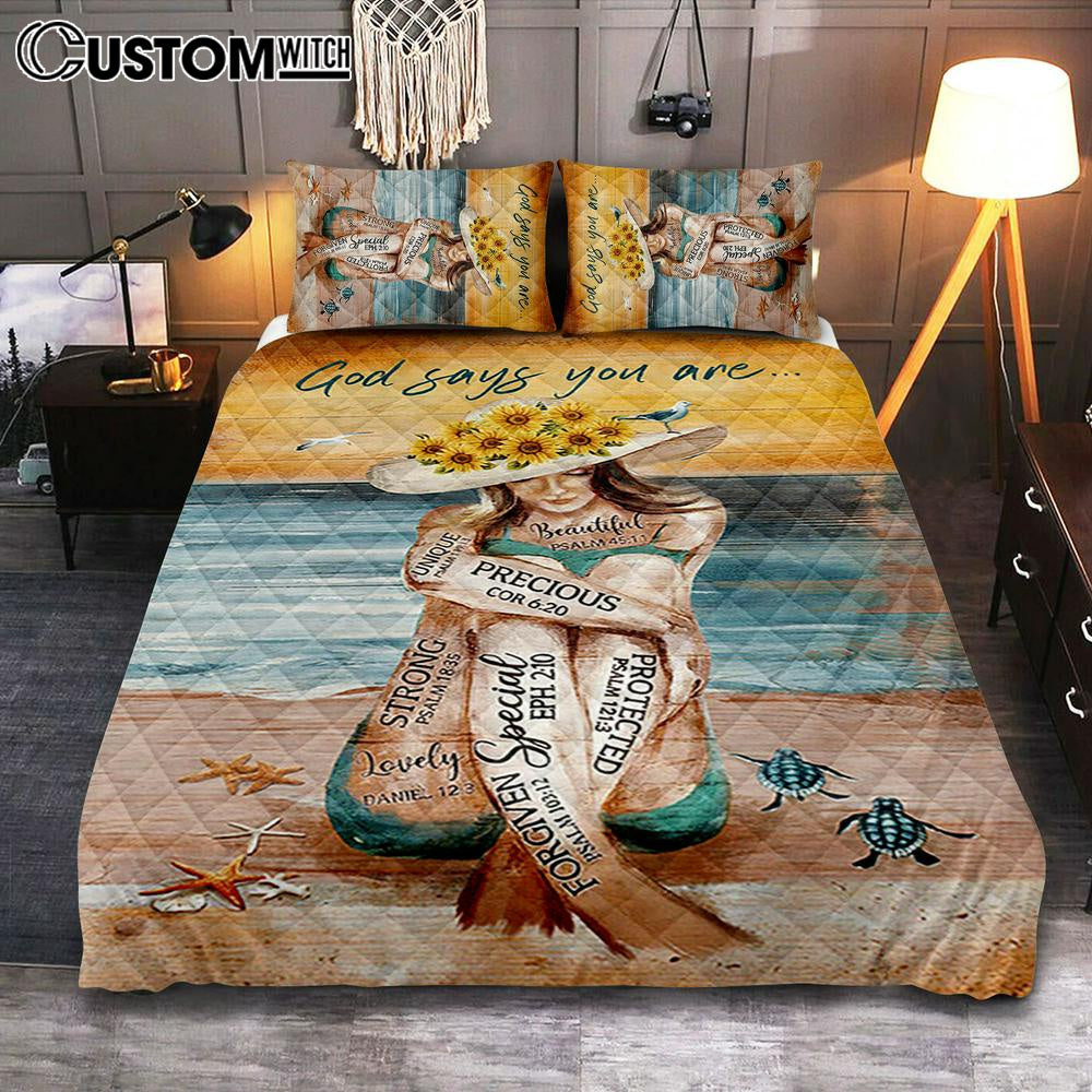 God Says You Are Quilt Bedding Set Beautiful Girl On The Beach Quilt Bedding Set Bedroom - Christian Quilt Bedding Set Prints - Bible Verse Quilt Bedding Set Art
