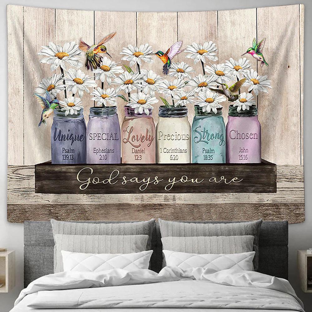 God Says You Are Special White Daisy Hummingbird Tapestry Prints - Religious Tapestry Art - Christian Home Decor