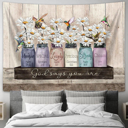 God Says You Are Special White Daisy Hummingbird Tapestry Prints - Religious Tapestry Art - Christian Home Decor