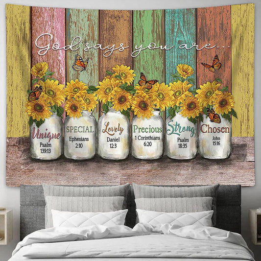 God Says You Are Sunflower Butterfly Tapestry Prints - Religious Tapestry Art - Christian Home Decor