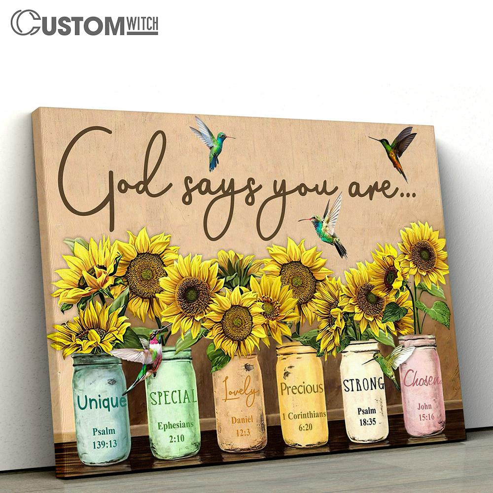 God Says You Are Sunflower & Humming Bird Canvas Wall Art - Christian Wall Canvas - Scripture Canvas Prints