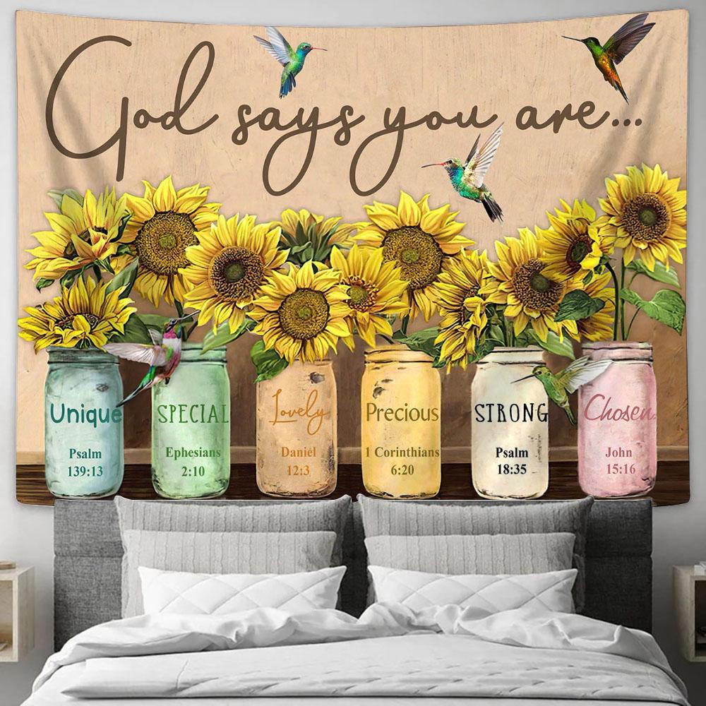 God Says You Are Sunflower & Humming Bird Tapestry Wall Art - Christian Wall Tapestry - Scripture Tapestry Prints