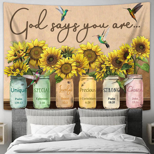 God Says You Are Sunflower & Humming Bird Tapestry Wall Art - Christian Wall Tapestry - Scripture Tapestry Prints