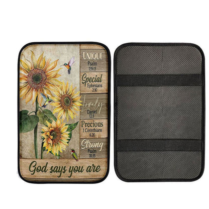 God Says You Are Sunflower Hummingbird Car Center Console Cover, Religious Car Interior Accessories
