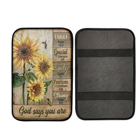God Says You Are Sunflower Hummingbird Car Center Console Cover, Religious Car Interior Accessories