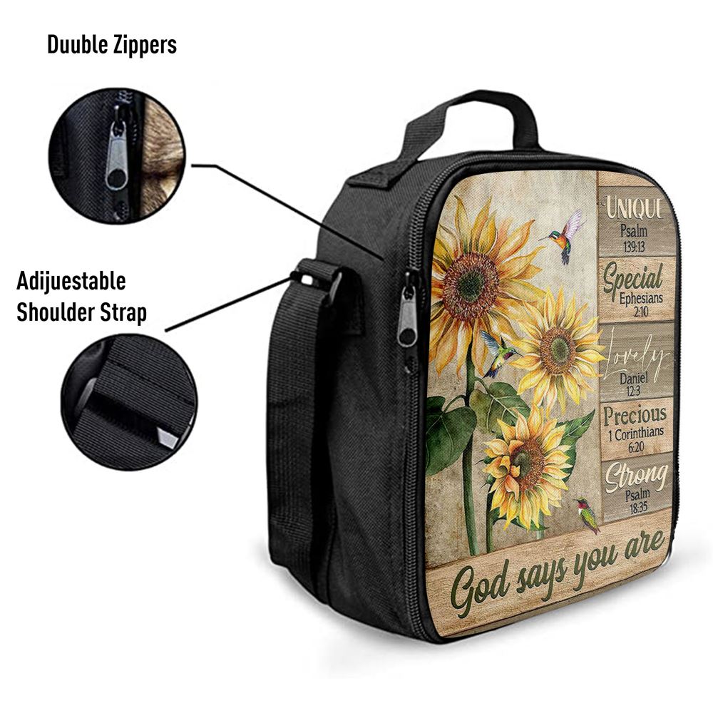 God Says You Are Sunflower Hummingbird Lunch Bag, Christian Lunch Bag, Religious Lunch Box For School, Picnic