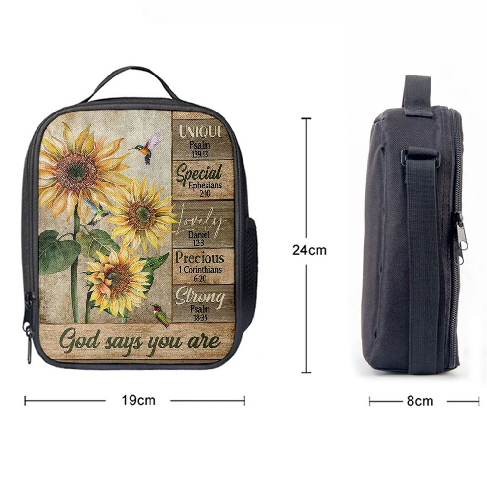 God Says You Are Sunflower Hummingbird Lunch Bag, Christian Lunch Bag, Religious Lunch Box For School, Picnic