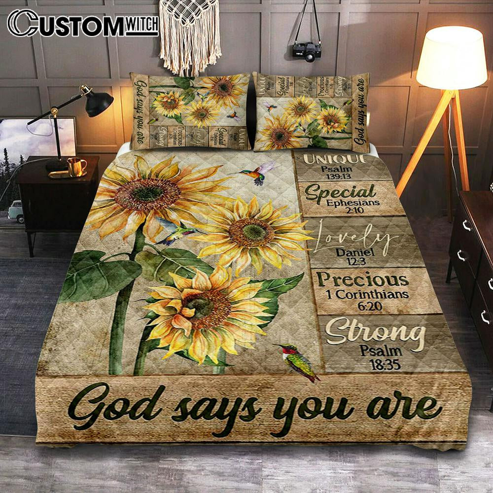 God Says You Are Sunflower Hummingbird Quilt Bedding Set Art - Christian Art - Bible Verse Bedroom - Religious Home Decor