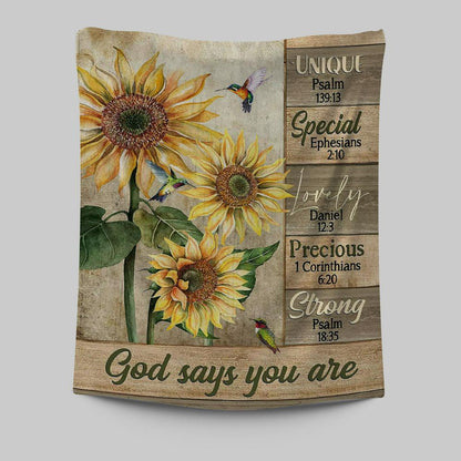 God Says You Are Sunflower Hummingbird Tapestry Art - Christian Art - Bible Verse Wall Art - Religious Home Decor