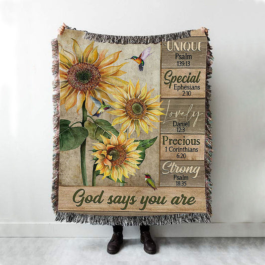 God Says You Are Sunflower Hummingbird Woven Blanket Art - Christian Art - Bible Verse Throw Blanket - Religious Home Decor