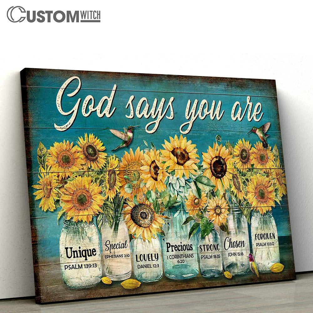 God Says You Are Sunflower Jar Hummingbird Canvas Prints - Religious Canvas Art - Christian Home Decor