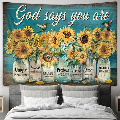 God Says You Are Sunflower Jar Hummingbird Tapestry Prints - Religious Tapestry Art - Christian Home Decor
