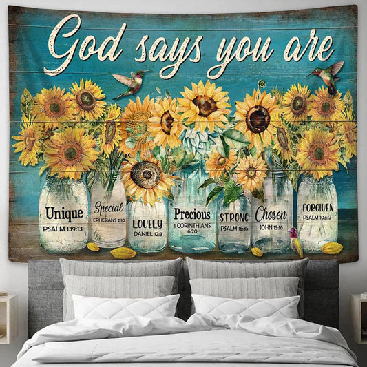 God Says You Are Sunflower Jar Hummingbird Tapestry Prints - Religious Tapestry Art - Christian Home Decor