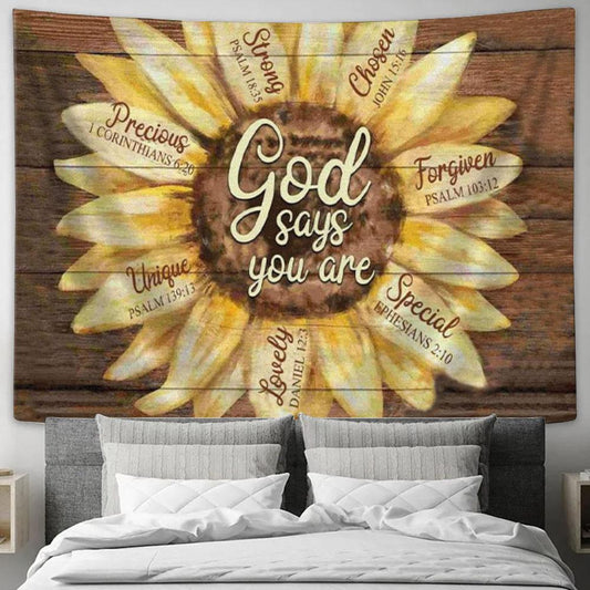 God Says You Are Sunflower Tapestry Wall Art - Christian Wall Decor
