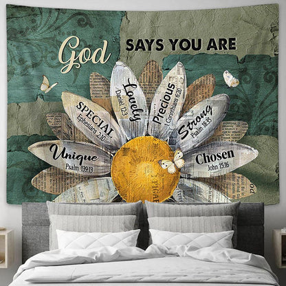 God Says You Are Sunflower White Butterfly Tapestry Prints - Religious Tapestry Art - Christian Home Decor