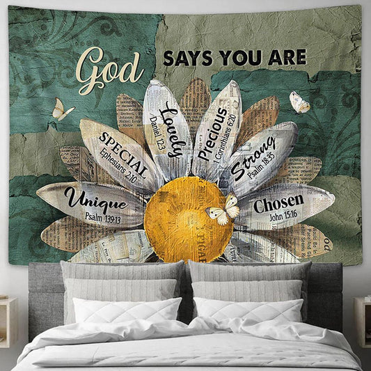 God Says You Are Sunflower White Butterfly Tapestry Prints - Religious Tapestry Art - Christian Home Decor