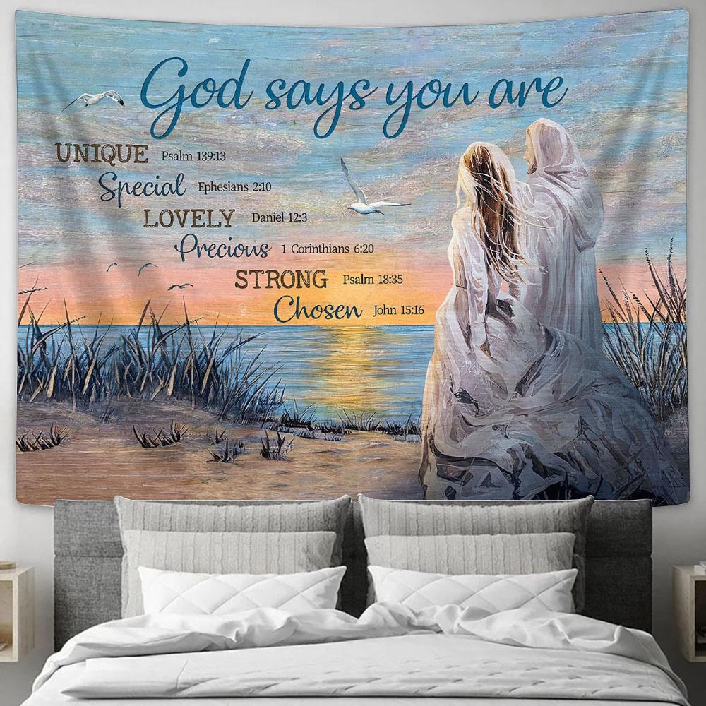 God Says You Are Tapestry - Beautiful Girl Walks With Jesus Large Tapestry Art - Christian Wall Decor - Religious Wall Decor