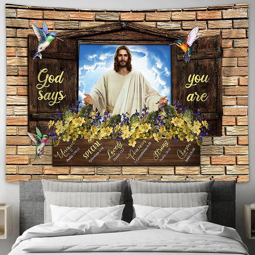 God Says You Are Tapestry - Jesus Christ Hummingbird Yellow Flower Large Tapestry Art - Christian Wall Decor - Religious Wall Decor
