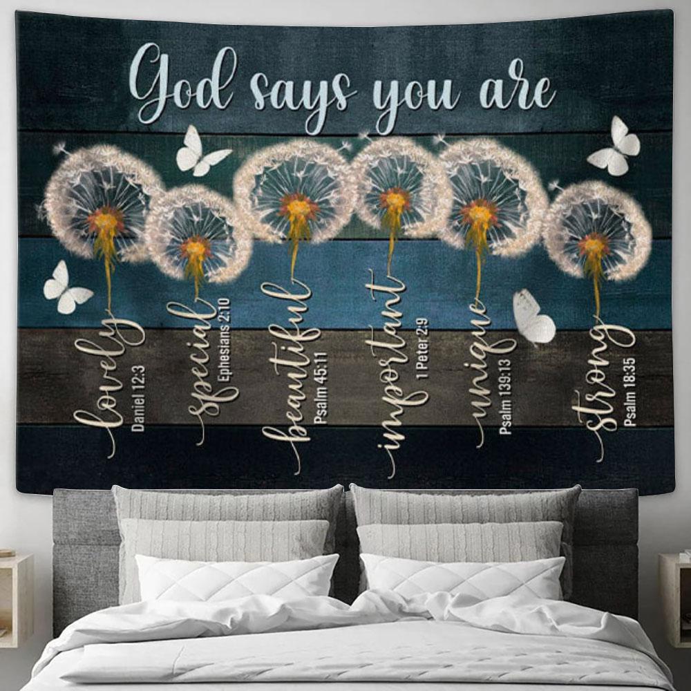 God Says You Are Tapestry Wall Art - Dandelion Butterfly - Christian Wall Decor