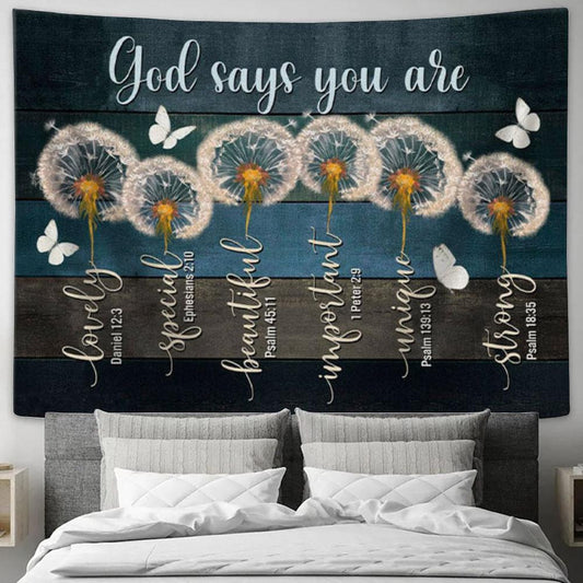 God Says You Are Tapestry Wall Art - Dandelion Butterfly - Christian Wall Decor