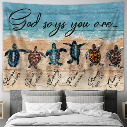 God Says You Are Tapestry Wall Art - Sea Turtles Christian Tapestry Print - Christian Wall Decor