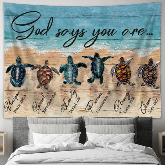 God Says You Are Tapestry Wall Art - Sea Turtles Christian Tapestry Print - Christian Wall Decor