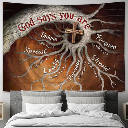 God Says You Are Tree Roots Wooden Cross Large Tapestry Art - Christian Wall Decor - Religious Wall Decor