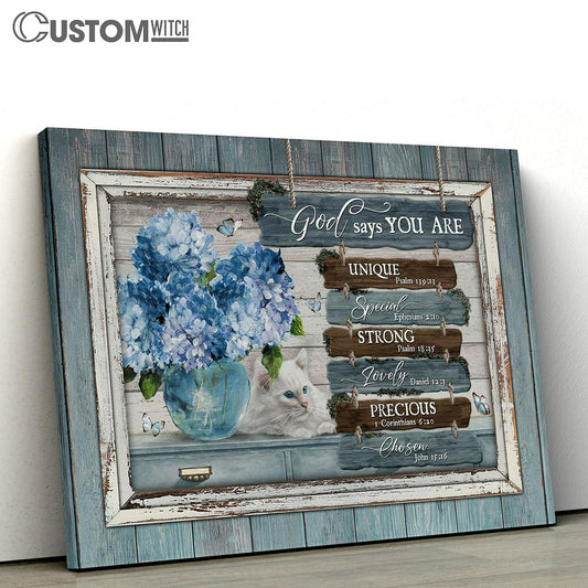 God Says You Are Unique Blue Hydrangeas, White Cat Wall Art Canvas - Christian Wall Art - Religious Art