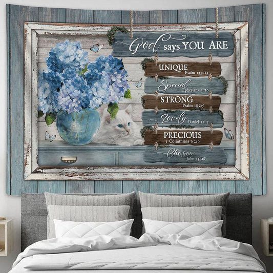 God Says You Are Unique Blue Hydrangeas, White Cat Wall Art Tapestry - Christian Wall Art - Religious Art