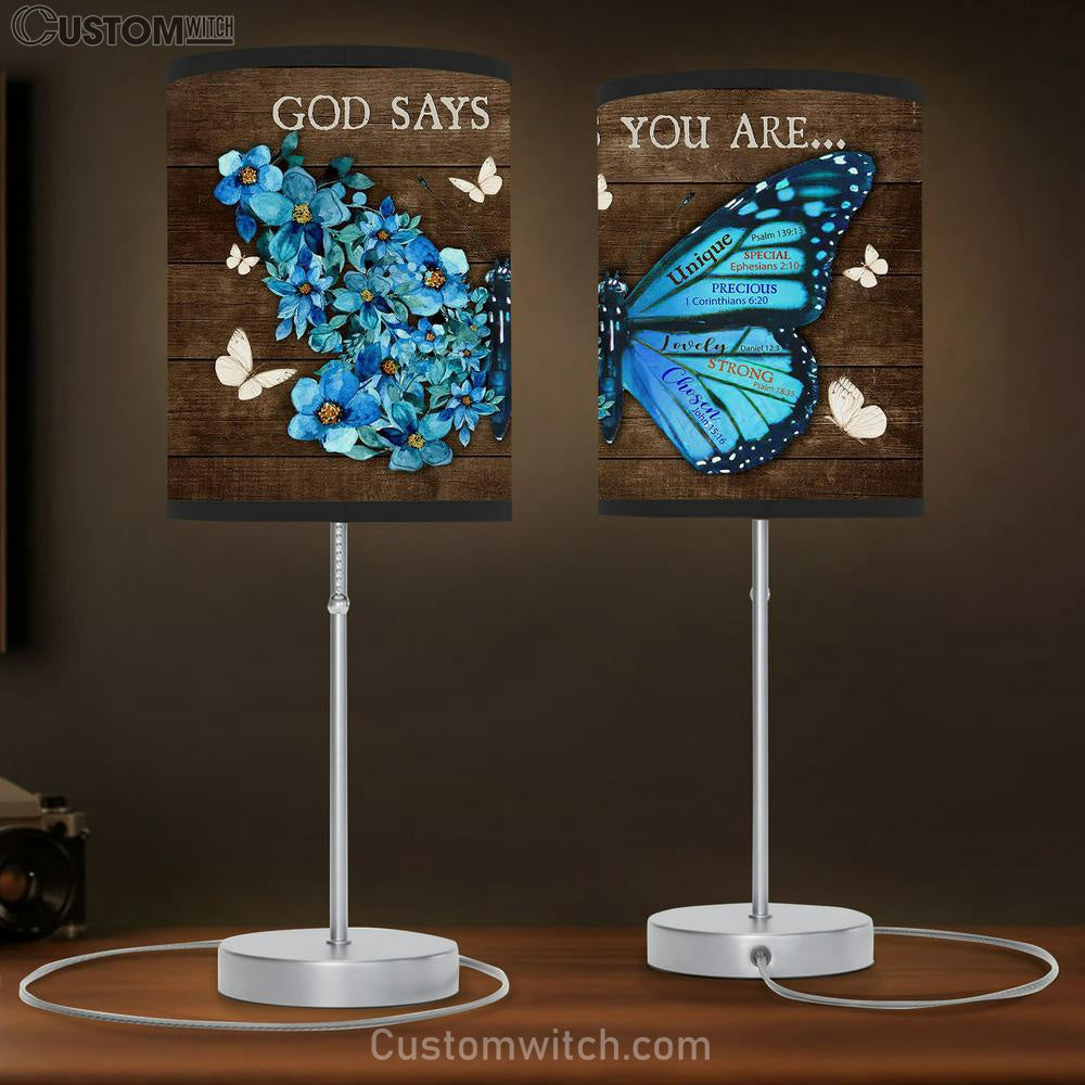 God Says You Are Unique Butterfly Blue Flower Table Lamb Prints - Religious Table Lamb Art - Christian Home Decor