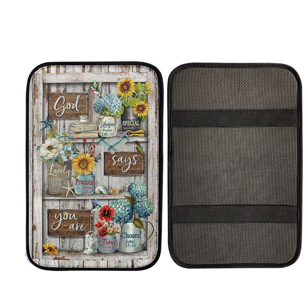 God Says You Are Unique Hummingbird Red Poppy Car Center Console Cover, Religious Car Interior Accessories