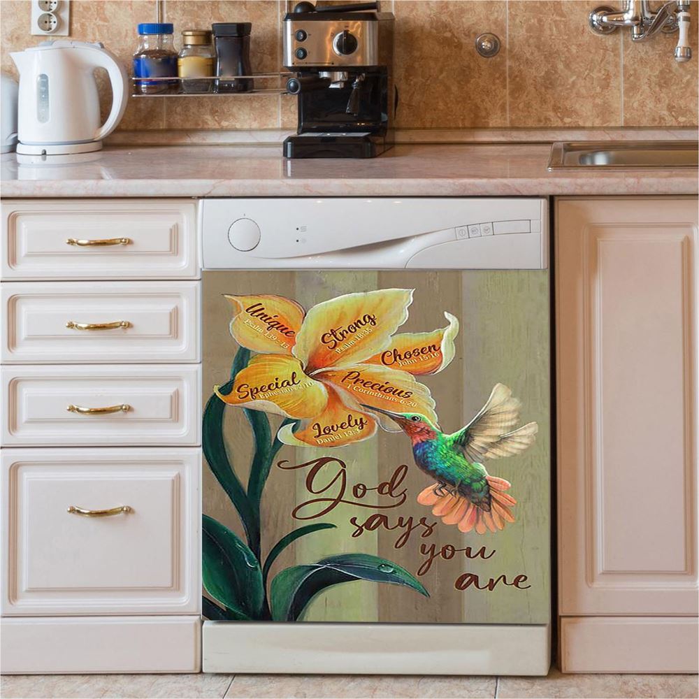 God Says You Are Unique Hummingbird Red Poppy Dishwasher Cover, Bible Verse Dishwasher Stickers, Christian Inspirational Kitchen Decor