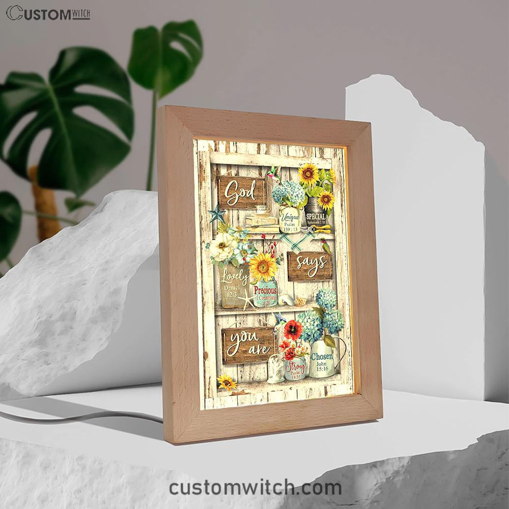 God Says You Are Unique Hummingbird Red Poppy Frame Lamp Art - Bible Verse Art - Christian Inspirational Decor